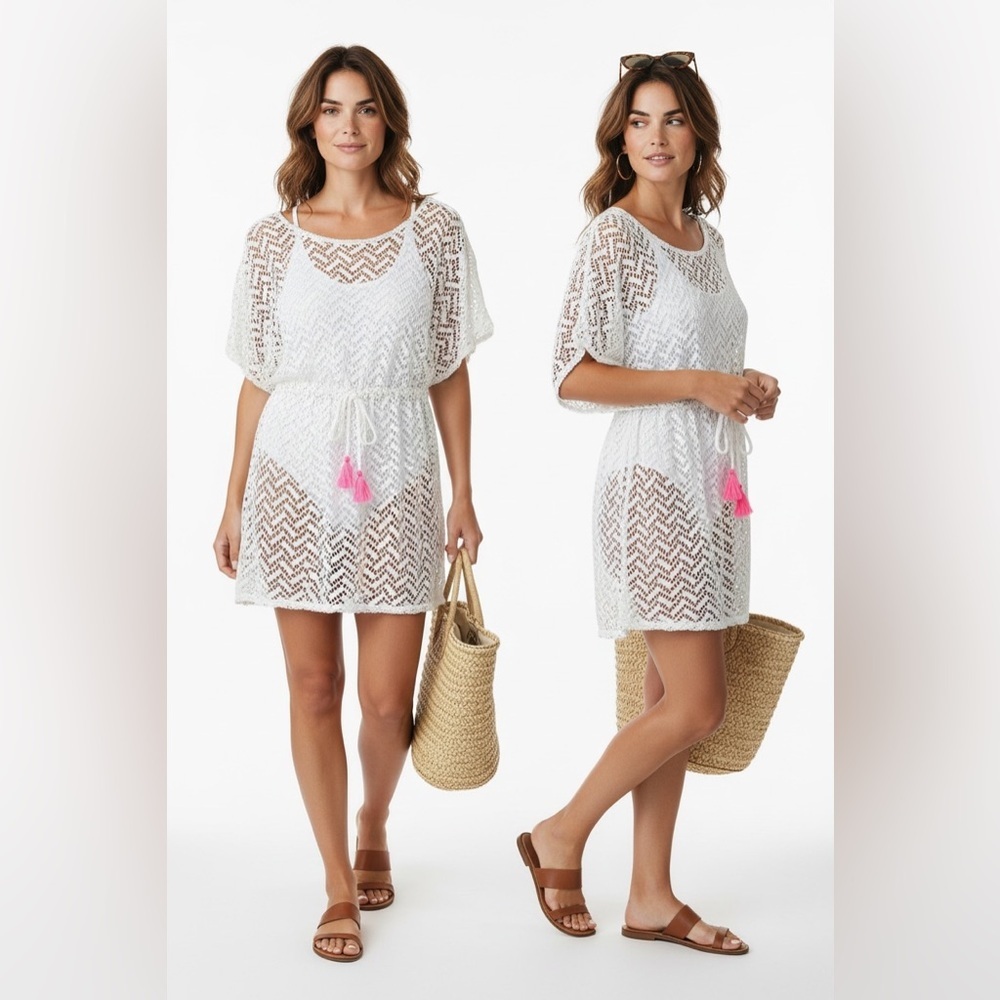 Miken Swim White Crochet Tassel Cover-Up Dress – Size Large